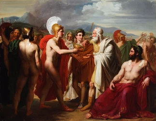 Achilles überreicht Nestor den Preis der Weisheit während der Begräbnisspiele